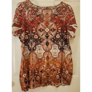 One World 1X Orange Paisley Print Short Sleeve Blouse Women's Top